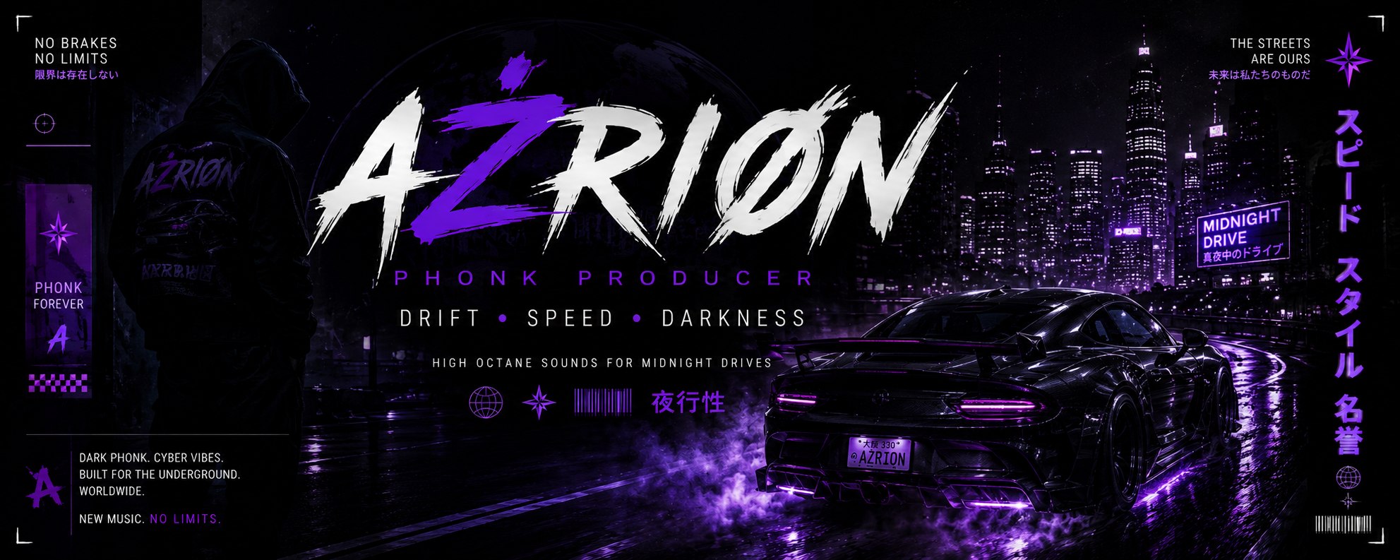 AŻRIØN — phonk producer, dark cyberpunk city at night with a car drifting through rain-soaked streets